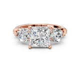 Rose gold Princess Cut Diamond Three-Stone Ring with Prong Setting and Pavé Band_3