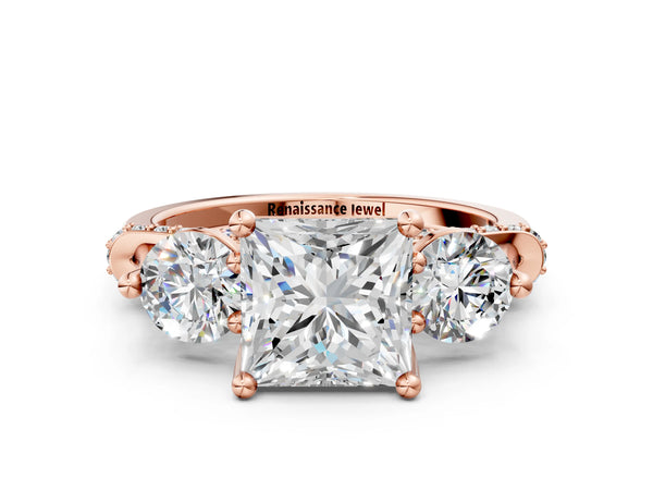 Rose gold Princess Cut Diamond Three-Stone Ring with Prong Setting and Pavé Band