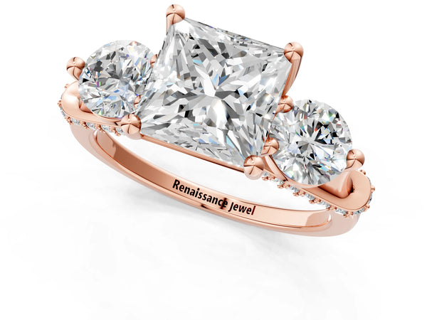 Rose gold Princess Cut Diamond Three-Stone Ring with Prong Setting and Pavé Band