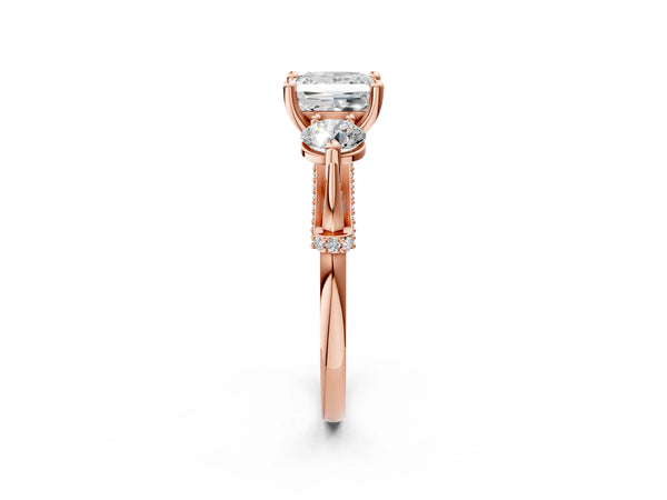 Rose gold Princess Cut Diamond Three-Stone Ring with Prong Setting and Pavé Band