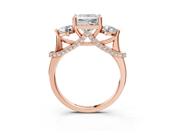 Rose gold Princess Cut Diamond Three-Stone Ring with Prong Setting and Pavé Band
