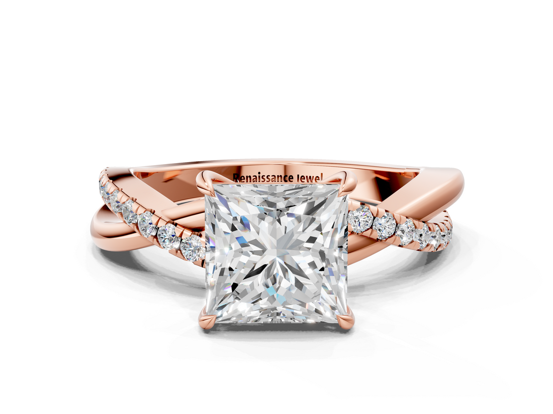 Rose gold Princess Cut Diamond Twisted Band with Pavé Setting and Four-Prong Setting_33
