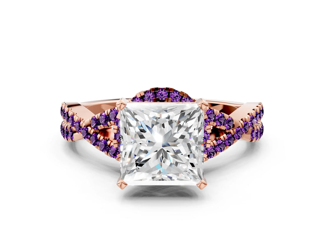 Rose gold Princess Cut Diamond with Amethyst side stone Halo Twist Band Solitaire Prong Setting Ring_12