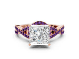 Rose gold Princess Cut Diamond with Amethyst side stone Halo Twist Band Solitaire Prong Setting Ring_12
