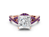 Rose gold Princess Cut Diamond with Amethyst side stone Halo Twist Band Solitaire Prong Setting Ring_24