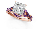 Rose gold Princess Cut Diamond with Amethyst side stone Halo Twist Band Solitaire Prong Setting Ring_25