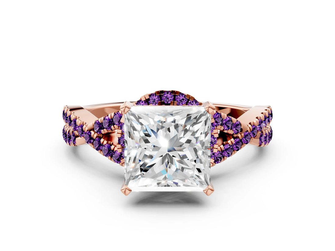 Rose gold Princess Cut Diamond with Amethyst side stone Halo Twist Band Solitaire Prong Setting Ring_30