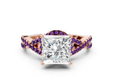 Rose gold Princess Cut Diamond with Amethyst side stone Halo Twist Band Solitaire Prong Setting Ring_30