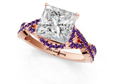 Rose gold Princess Cut Diamond with Amethyst side stone Halo Twist Band Solitaire Prong Setting Ring_31