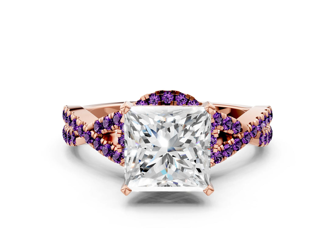 Rose gold Princess Cut Diamond with Amethyst side stone Halo Twist Band Solitaire Prong Setting Ring_42