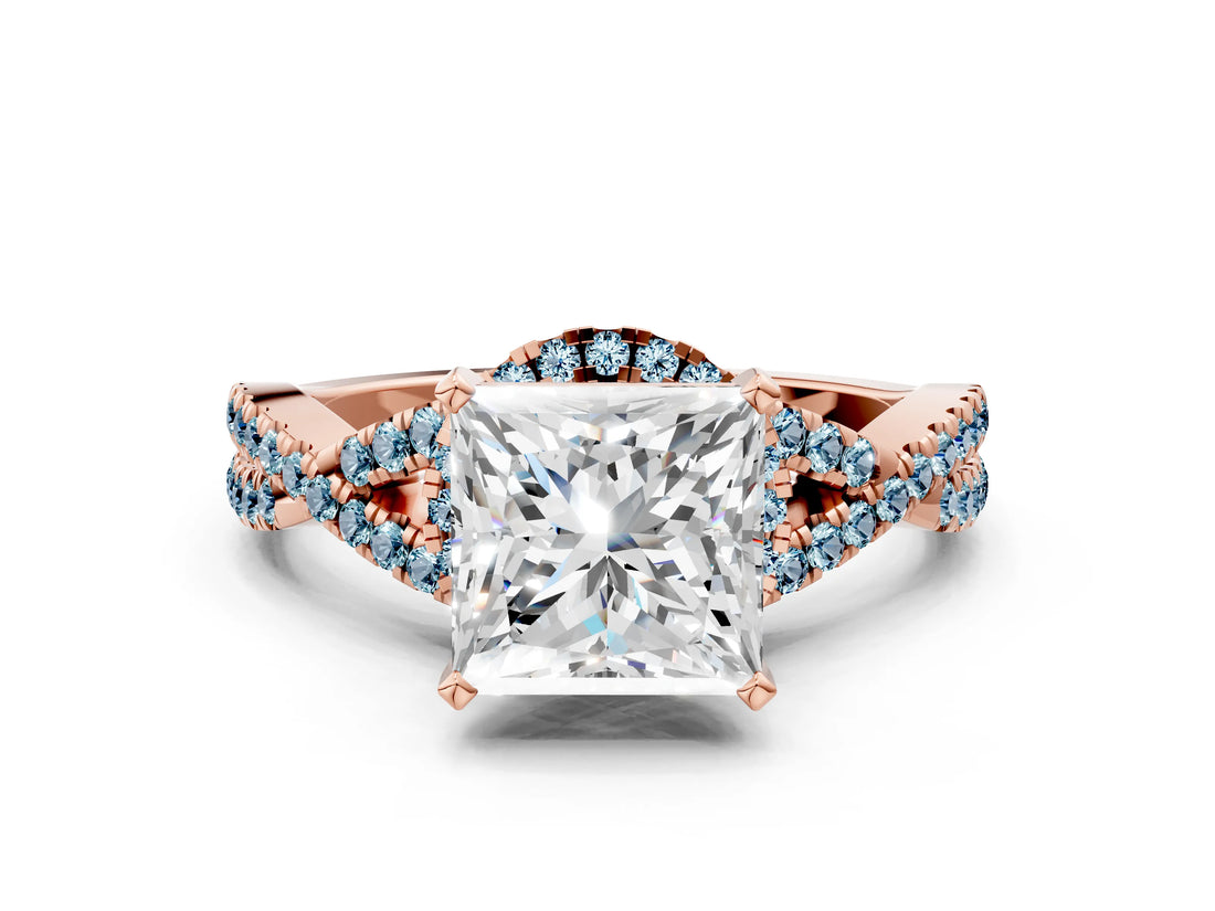 Rose gold Princess Cut Diamond with Aquamarine side stone Halo Twist Band Solitaire Prong Setting Ring_12