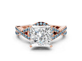 Rose gold Princess Cut Diamond with Aquamarine side stone Halo Twist Band Solitaire Prong Setting Ring_12