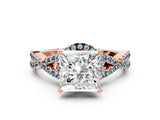 Rose gold Princess Cut Diamond with Aquamarine side stone Halo Twist Band Solitaire Prong Setting Ring_24
