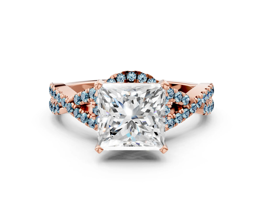 Rose gold Princess Cut Diamond with Aquamarine side stone Halo Twist Band Solitaire Prong Setting Ring_30
