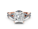 Rose gold Princess Cut Diamond with Aquamarine side stone Halo Twist Band Solitaire Prong Setting Ring_30