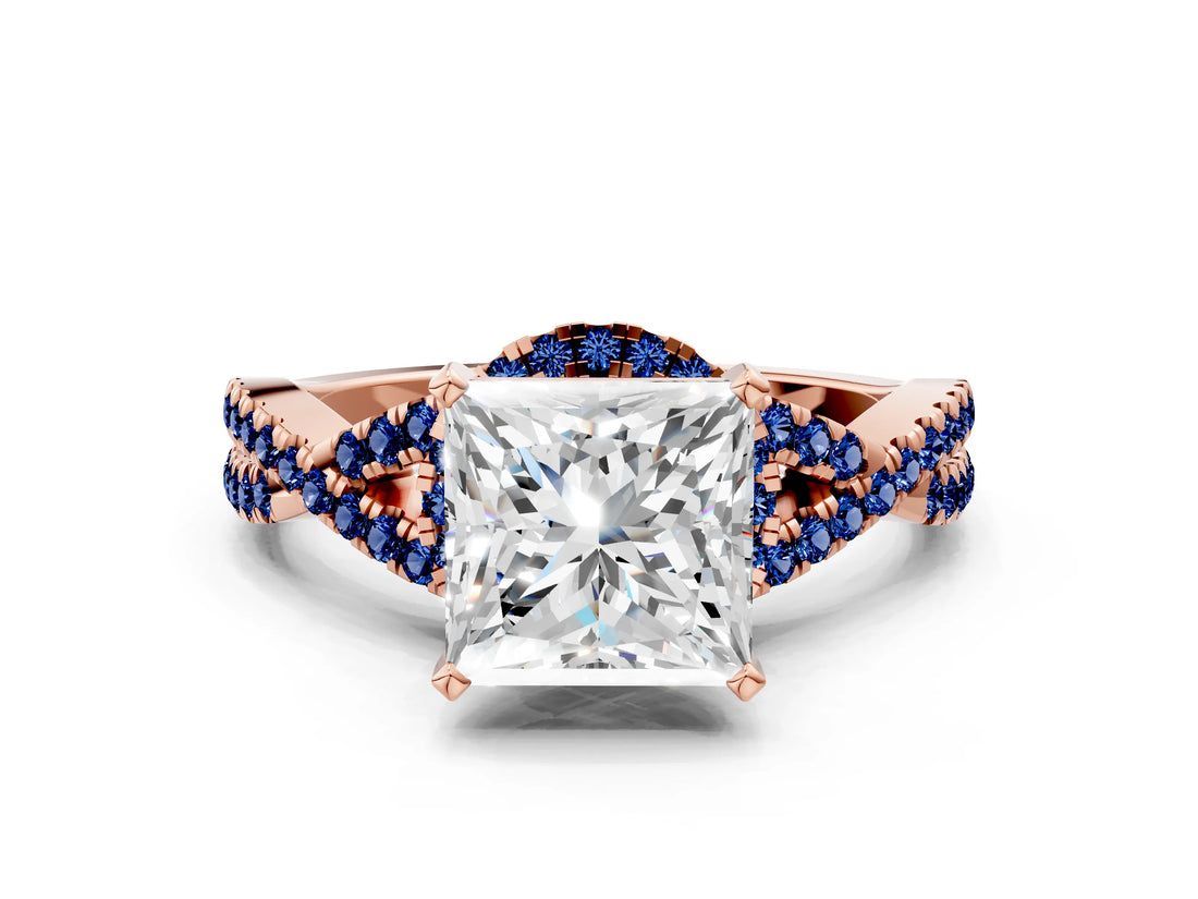 Rose gold Princess Cut Diamond with Blue Sapphire side stone Halo Twist Band Solitaire Prong Setting Ring_12