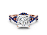 Rose gold Princess Cut Diamond with Blue Sapphire side stone Halo Twist Band Solitaire Prong Setting Ring_12
