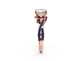 Rose gold Princess Cut Diamond with Blue Sapphire side stone Halo Twist Band Solitaire Prong Setting Ring_14