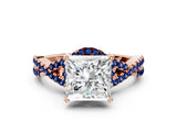 Rose gold Princess Cut Diamond with Blue Sapphire side stone Halo Twist Band Solitaire Prong Setting Ring_24