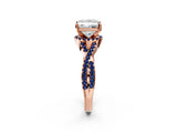 Rose gold Princess Cut Diamond with Blue Sapphire side stone Halo Twist Band Solitaire Prong Setting Ring_26