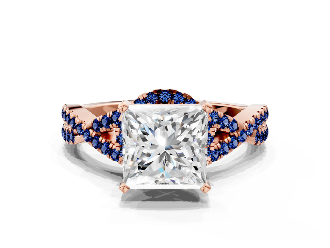 Rose gold Princess Cut Diamond with Blue Sapphire side stone Halo Twist Band Solitaire Prong Setting Ring_42