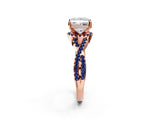 Rose gold Princess Cut Diamond with Blue Sapphire side stone Halo Twist Band Solitaire Prong Setting Ring_44
