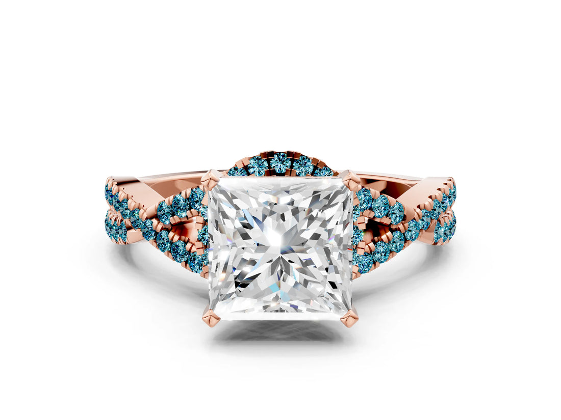 Rose gold Princess Cut Diamond with Blue Topaz side stone Halo Twist Band Solitaire Prong Setting Ring_12