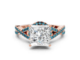 Rose gold Princess Cut Diamond with Blue Topaz side stone Halo Twist Band Solitaire Prong Setting Ring_12