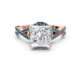 Rose gold Princess Cut Diamond with Blue Topaz side stone Halo Twist Band Solitaire Prong Setting Ring_24