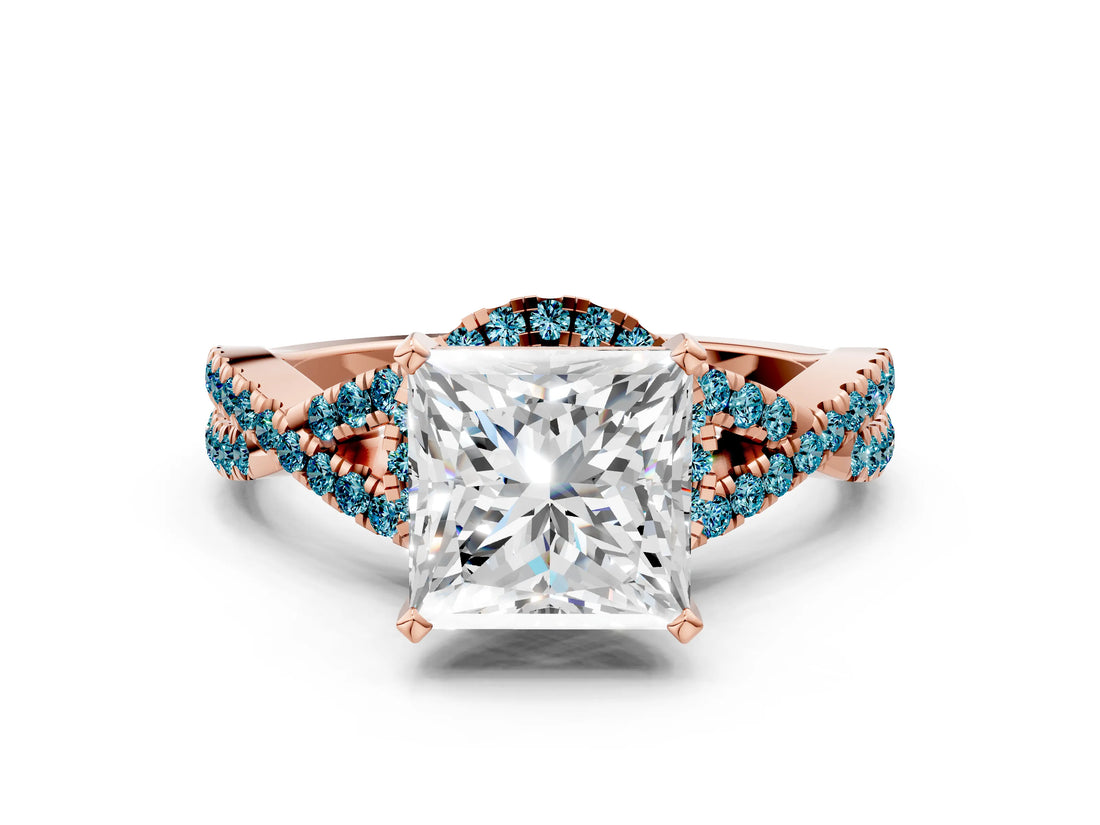 Rose gold Princess Cut Diamond with Blue Topaz side stone Halo Twist Band Solitaire Prong Setting Ring_30
