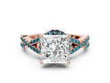 Rose gold Princess Cut Diamond with Blue Topaz side stone Halo Twist Band Solitaire Prong Setting Ring_30