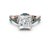 Rose gold Princess Cut Diamond with Blue Topaz side stone Halo Twist Band Solitaire Prong Setting Ring_42