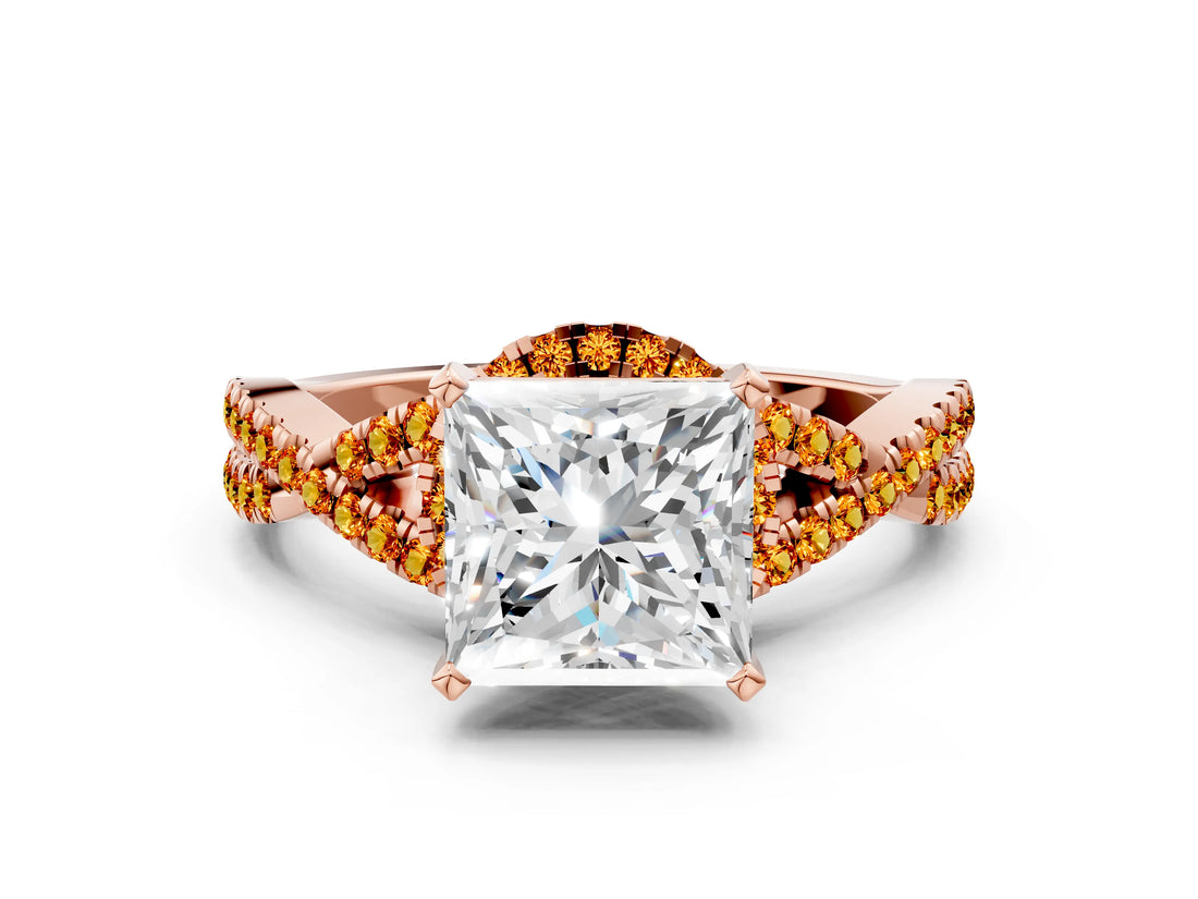 Rose gold Princess Cut Diamond with Citrine side stone Halo Twist Band Solitaire Prong Setting Ring_12
