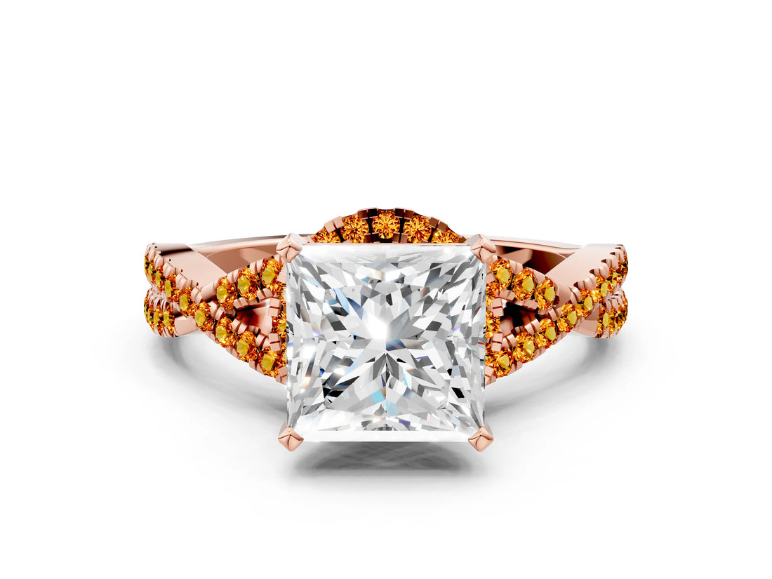 Rose gold Princess Cut Diamond with Citrine side stone Halo Twist Band Solitaire Prong Setting Ring_30
