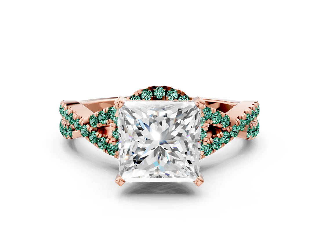 Rose gold Princess Cut Diamond with Green Sapphire side stone Halo Twist Band Solitaire Prong Setting Ring_12