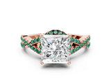 Rose gold Princess Cut Diamond with Green Sapphire side stone Halo Twist Band Solitaire Prong Setting Ring_12