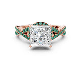 Rose gold Princess Cut Diamond with Green Sapphire side stone Halo Twist Band Solitaire Prong Setting Ring_24
