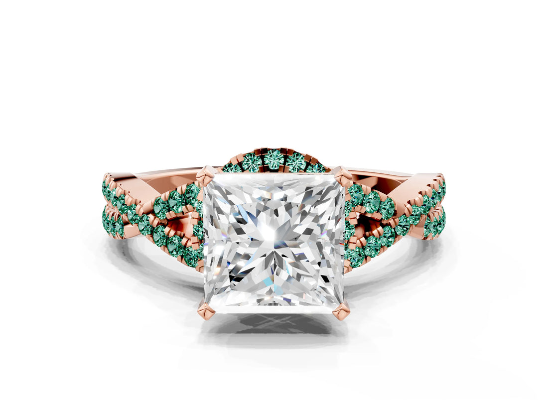 Rose gold Princess Cut Diamond with Green Sapphire side stone Halo Twist Band Solitaire Prong Setting Ring_30