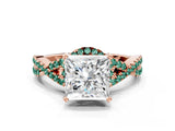 Rose gold Princess Cut Diamond with Green Sapphire side stone Halo Twist Band Solitaire Prong Setting Ring_30