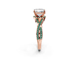 Rose gold Princess Cut Diamond with Green Sapphire side stone Halo Twist Band Solitaire Prong Setting Ring_32