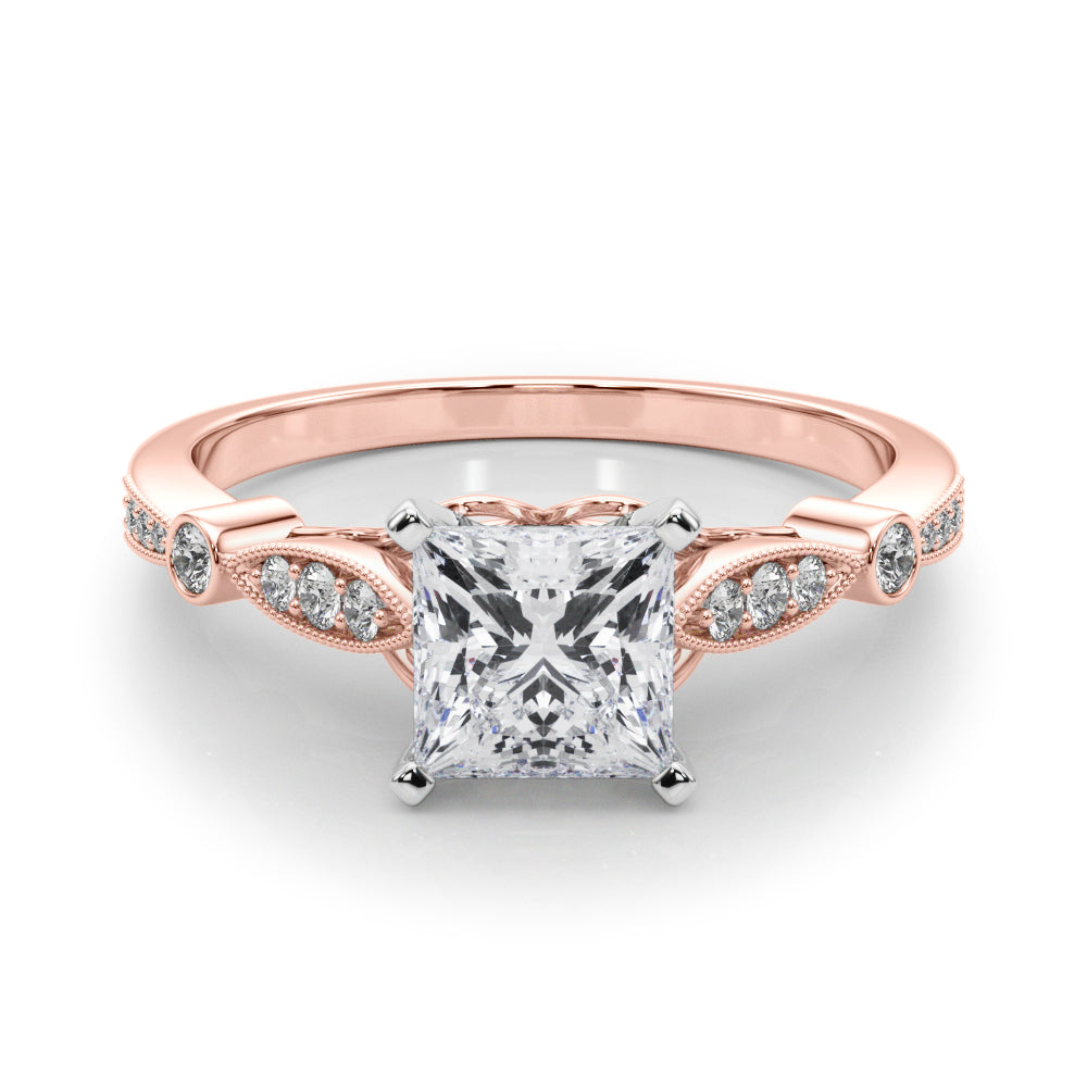 Rose gold Princess Cut Diamond with Milgrain Marquise and Bezel Accents on a Solitaire Band with Prong Setting 1