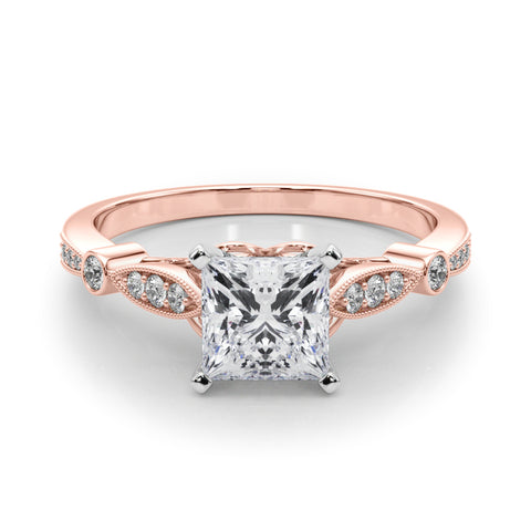 Rose gold Princess Cut Diamond with Milgrain Marquise and Bezel Accents on a Solitaire Band with Prong Setting 1