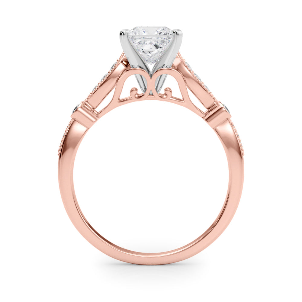 Rose gold Princess Cut Diamond with Milgrain Marquise and Bezel Accents on a Solitaire Band with Prong Setting 2