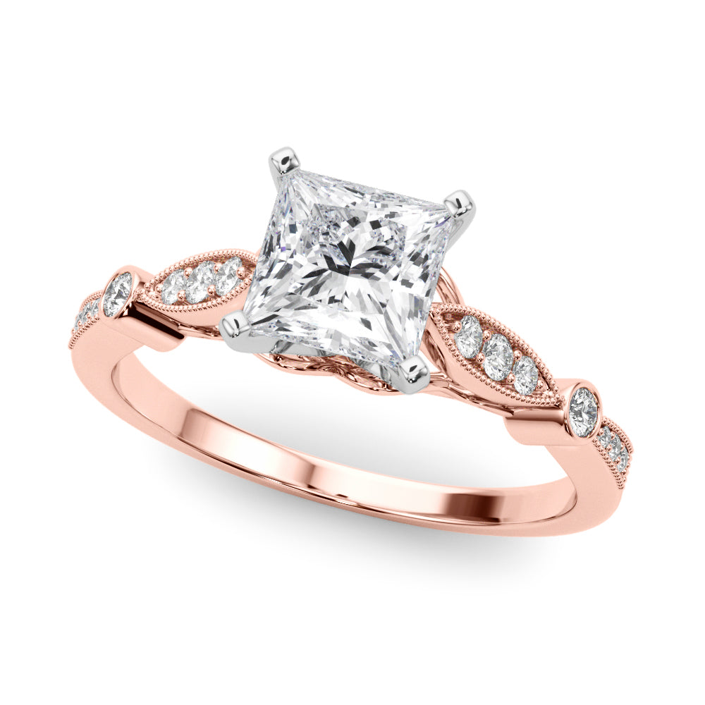 Rose gold Princess Cut Diamond with Milgrain Marquise and Bezel Accents on a Solitaire Band with Prong Setting