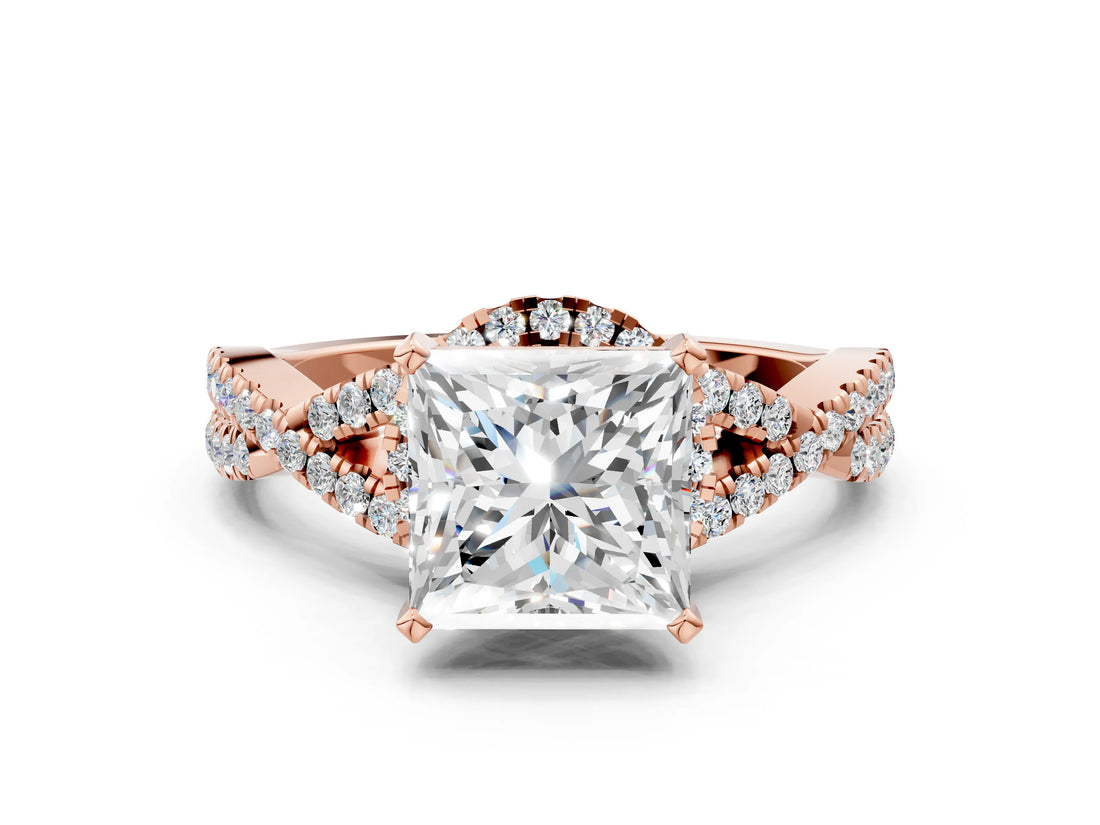 Rose gold Princess Cut Diamond with Moissanite side stone Halo Twist Band Solitaire Prong Setting Ring_12