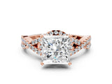 Rose gold Princess Cut Diamond with Moissanite side stone Halo Twist Band Solitaire Prong Setting Ring_12