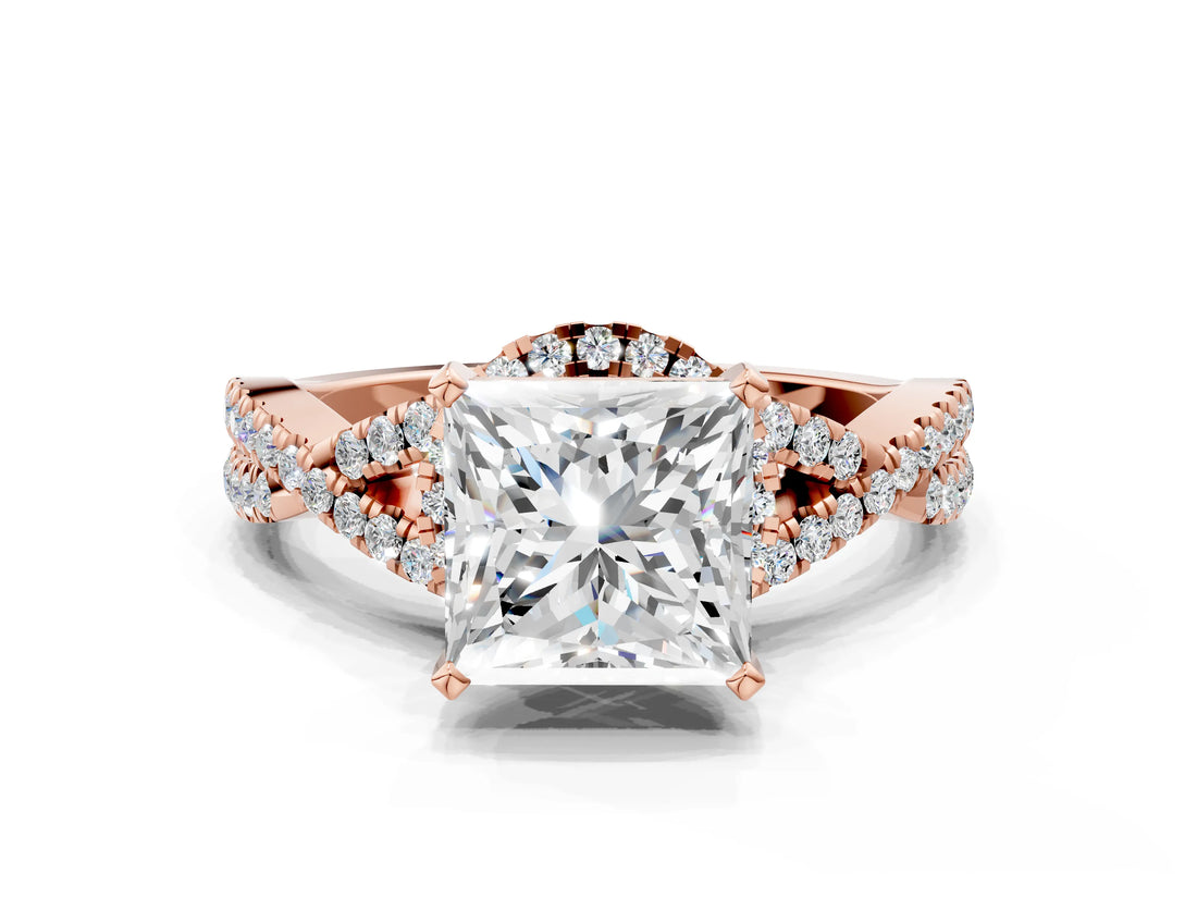 Rose gold Princess Cut Diamond with Moissanite side stone Halo Twist Band Solitaire Prong Setting Ring_30