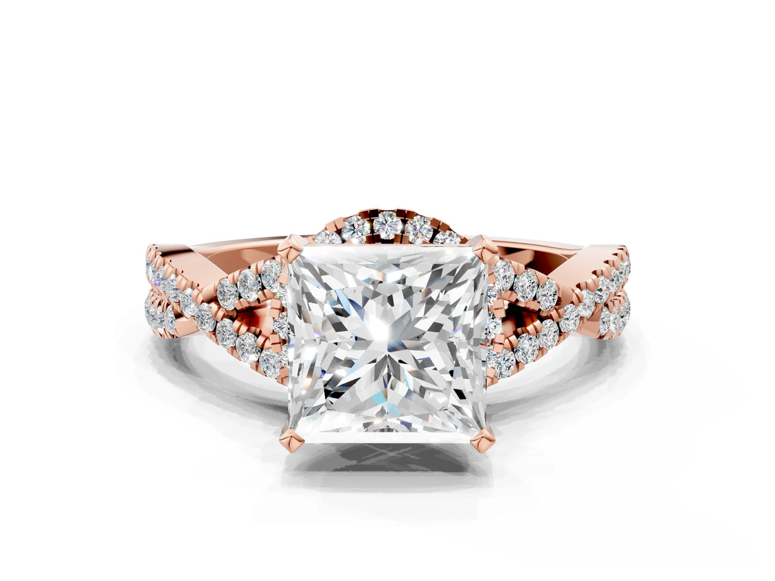 Rose gold Princess Cut Diamond with Moissanite side stone Halo Twist Band Solitaire Prong Setting Ring_42