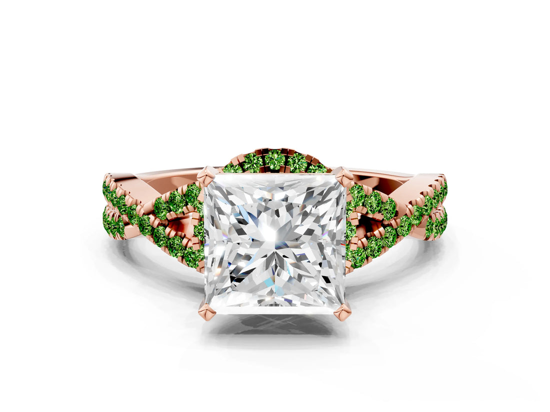 Rose gold Princess Cut Diamond with Peridot side stone Halo Twist Band Solitaire Prong Setting Ring_12