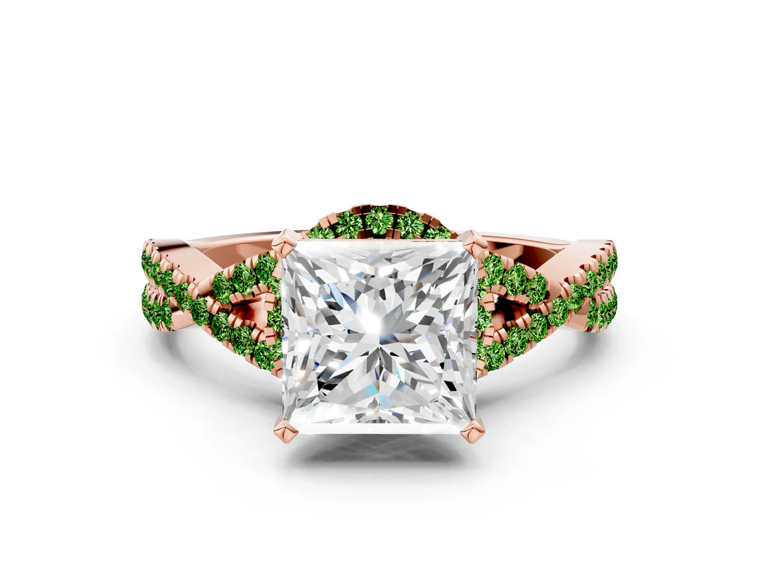 Rose gold Princess Cut Diamond with Peridot side stone Halo Twist Band Solitaire Prong Setting Ring_24